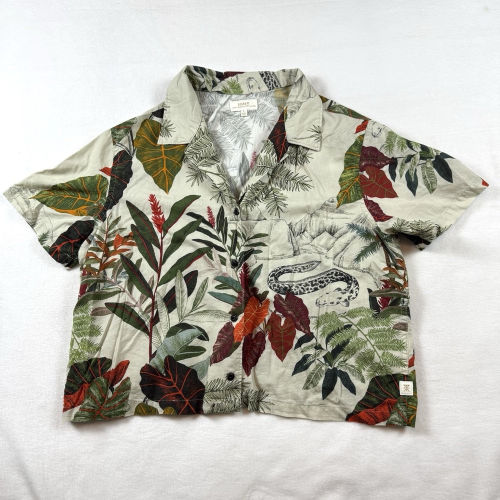 Roark Idle SS Shirt Short Sleeve Button Up Women's Large Jungle Bone Cropped Top